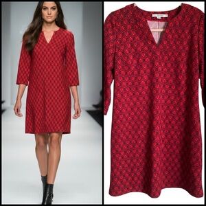 Boden Easy Notch Red Purple 3/4 Sleeve Leaf Shift Patterned Work Resort Dress 8R